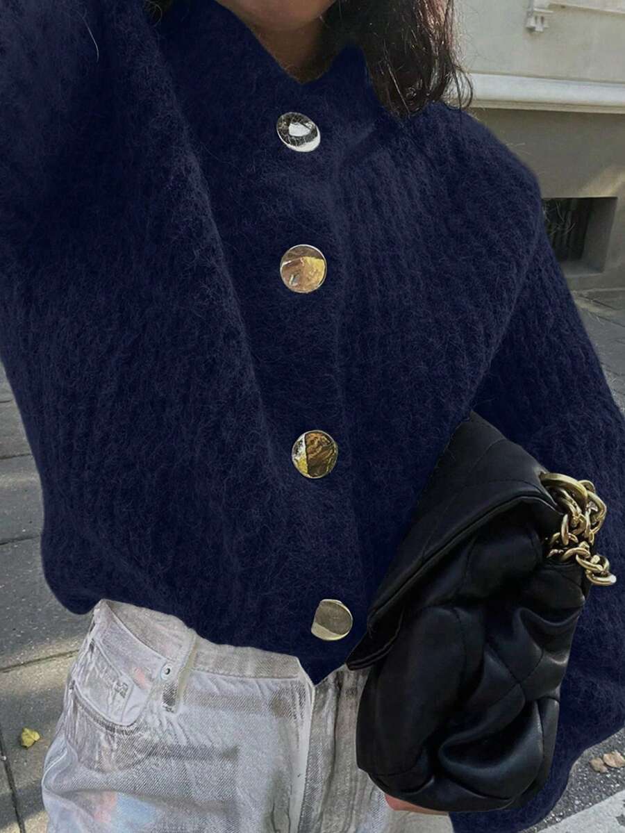 女式新款简约纯色柔软毛绒针织开衫 - 寶藍色 - View 1