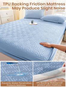 1pc Waterproof Fitted Sheet, Bedding, Bed Sheets, Plaid Fitted Sheet, Skin-Friendly Mattress Cover, Soft And Comfortable Bedding For Bedroom, Fall Decor, Halloween Decor, Room Decor, 11.8 Inch Deep Pocket Cooling Breathable Quilted Square Lattice Fitted Sheet For All Seasons, For Single, Twin, Full, Queen And King Size, Solid Color Mattress Protective Cover, Dustproof, Comfortable And Machine Washable, Halloween Gift, For All Season - 藍色 - 查看 7