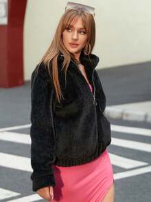 Women's Solid Daily Casual Zip Up Drop Shoulder Loose Fit Flannel Bomber Jacket Fuzzy Coat - Black - View 6