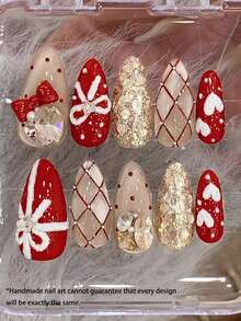 10片杏仁形美甲贴纸，手绘白色石膏3D蝴蝶结美甲贴纸，可爱红色美甲贴纸，手绘白色石膏心形美甲贴纸，手绘菱形图案带小珠子美甲贴纸，可爱杏仁形按压式美甲贴纸 - 紅色 - 查看 6