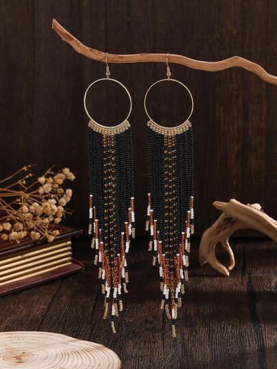 1 Pair Handmade Beaded Earrings, Bohemian Style Multicolor Contrast Tassel Drop Earrings With Metal Hoop Hooks, Fashionable Vintage Tassel Earrings For Women, Suitable For Daily, Vacation, Party Wear, Holiday Gift