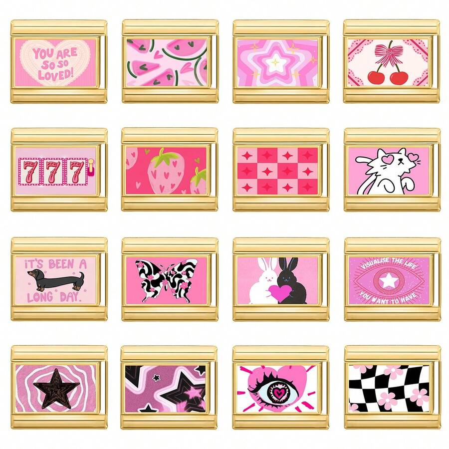 1件DIY照片模块化手链，饰有星星、爱心、草莓眼睛元素，适合作为派对礼物送给朋友/情侣，适用于圣诞节、新年、万圣节、情人节等节日，设计精美，不锈钢材质。 - M293729 - 查看 1