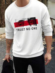 Men's Casual Letter Print Crew Neck Sweatshirt, Spring & Autumn - White - View 1