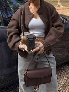 Buzzelle MORI棕色简约纯色圆领单排扣长袖针织衫，女士及女孩适用，秋冬新款时尚，优雅、温柔、休闲，居家通勤皆宜，日常百搭，圣诞节新年必备冬季毛衣上装 - 棕色 - 查看 6