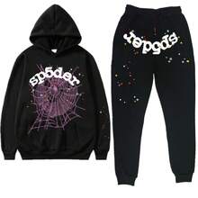 Y2K SP5 55555 Print Unisex Spider Web Letter Print Jogger Pants Sweatshirt Hoodie Fleece Sweatshirt Sports Set - Y黑色紫網白sp5der - 查看 12