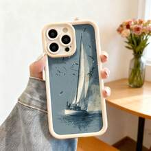 Cubierta de telefono con borde negro para iPhone 15 Pro Max diseño de velero en el mar con gaviotas estilo vintage para uso diario y viajes - Café integral - Ver 4