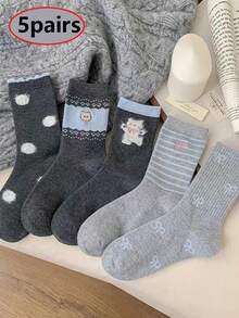 5 Pairs Korean Style Cute Bow Accent Warm Crew Socks, Blue & Gray Tones, Autumn/Winter