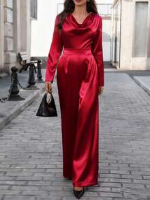 Women's Christmas Party Jumpsuit,Wedding Jumpsuit, Elegant Plunge Neck Fitted Satin BurgundyJumpsuit Fall Cloth For Women