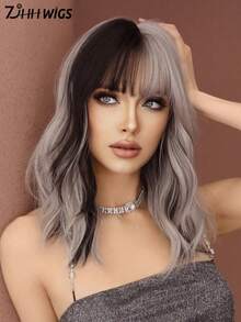 7JHH WIGS 双色假发 银灰粉色卷发假发 女士16英寸齐肩波浪假发 带刘海 合成耐热纤维 美丽蓬松假发 适合女孩日常派对角色扮演 初学者生日礼物（黑色挑染） - 彩色 - 查看 2