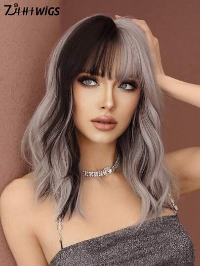 7JHH WIGS 16 Inch Two Tone Wig Silver Ash Pink Curly Wigs For Women Shoulder Length Wavy Wig With Bangs Synthetic Heat Resistant Fiber Beautiful Fluffy Wigs For Girls Daily Party Cosplay Use Beginner Birthday Gifts ( Black Highlight Hair )