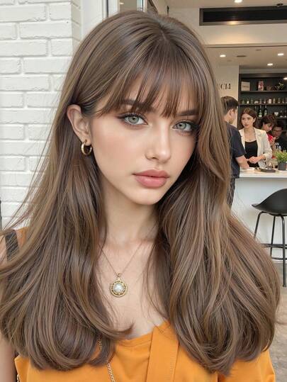 Red Brown Medium Body Wave Synthetic Wig With Bangs Red Curcly Hair For Women Daily Heat Resistant Wigs(Pay Attention To How You Wear And Care For It,Due To Lighting And Angle During Photography, The Actual Product May Have Slight Color Differences Compared To The Images.)