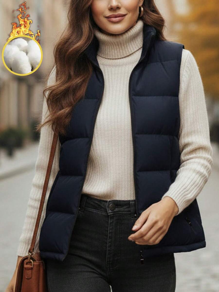 女士羽绒背心无袖拉链外套，秋冬季休闲叠穿外套 - 藏蓝色 - 查看 1