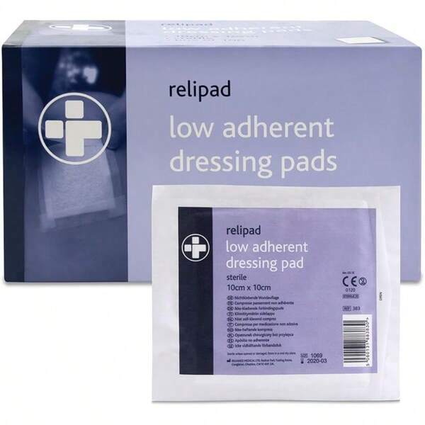Relipad First Aid Sterile Dressing LowAdherent Absorbent Dressing Pads For Minor Abrasions Lacerations And Wounds 10 Cm X 10 Cm Pack Of 100