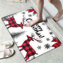 2/3pcs Christmas, Deer, "Merry Christmas!" Pine Trees, Snowflakes, Red And Black Checks, Christmas-Themed Style Flannel Soft Kitchen Rugs Non Slip Washable, Throw Mat, Non-Skid Runner Mat, Floor Mat, Doormat, Living Room Laundry Bathroom Water-Ab