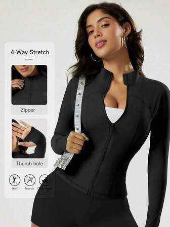 Plus Size Women's Solid Color Long Sleeve Yoga Jacket With Thumb Hole And Stand Collar Zipper, Suitable For Outdoor Cycling, Running, Fitness, Slim Fit Sports Jacket, Autumn/Winter