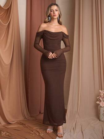 PARTHEA Elegant Women's Off Shoulder Mesh Long Sleeve Bodycon Ruched Mermaid Long Dress With High Stretch Fabric,Long Party Dresses,Elegant Dresses For Party