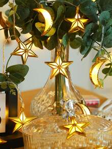 1串10颗LED灯珠，1.5米金色月亮星星LED灯串，节日活动派对装饰星光灯，电池供电室内房间装饰月亮星星灯，斋月装饰星光灯，卧室装饰月亮灯 - 五角星+月亮 - 查看 4