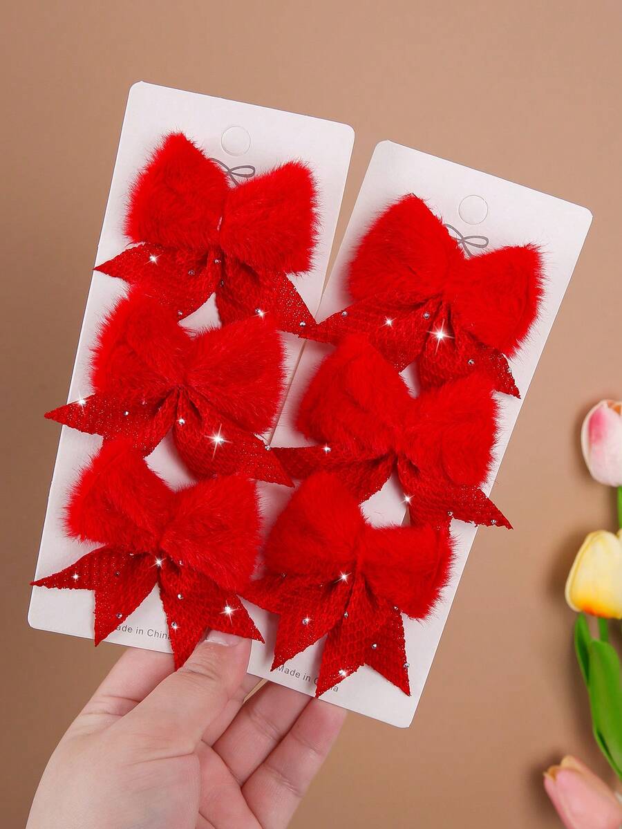 5pcs/Set Girls Rhinestone Fabric Plush Bow Hair Clips, Plush French Barrettes For Toddlers, Bangs & Side Hair, Cute & Versatile For Daily Use