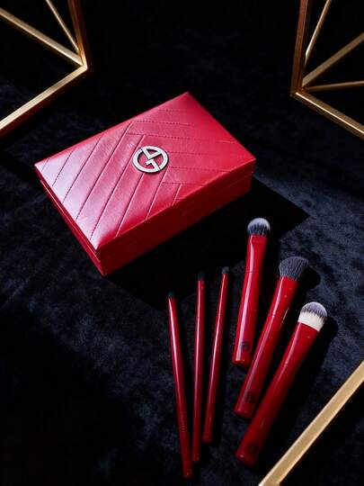 Armani 6pcs Makeup Brush Set Professional Soft Bristles For Foundation Powder Blush Eyeshadow Contour Concealer Lipstick, Portable Beauty Tools With Case, Beginner Gift Kit Bright Red