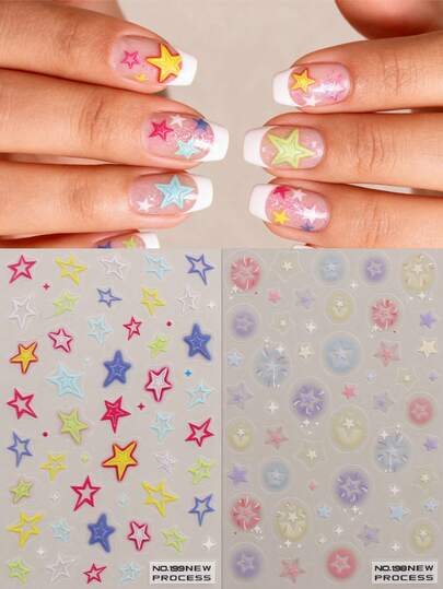 2pcs Dopamine Style Star Thin Tough Nail Art Stickers - Stars And Moon Designs, Women Nail Art Decals, Thin Tough Finish, Sweet And Cute Theme, Art Stickers, Easy To Apply Nail Decoration, DIY, Gifts, Party Makeup, Y2K