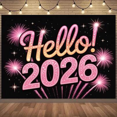 1 PIEZA Pancarta de fiesta de Año Nuevo 2026 y Festival de Primavera - Diseño plano 2D de fuegos artificiales y papel de colores con texto "Hola 2026", destellos rosa y dorado 2D plano para decoración del hogar en múltiples tamaños, tela multifuncional para fondo de fiesta, adecuada para decoración unisex, interior y exterior, estudio fotográfico, decoración de jardín, decoración de fiesta y cabinas telefónicas.