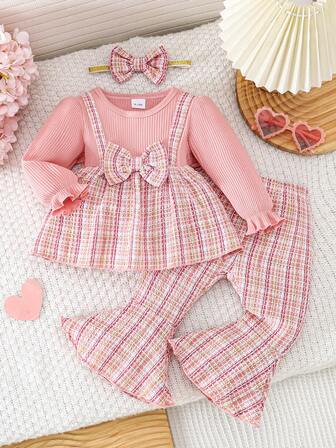 3 pièces Tenue mignonne pour bébé fille - Robe à bretelles à carreaux et rayures roses + Pantalon évasé + Serre-tête avec nœud, tenue de princesse douce pour usage quotidien