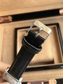 Pablo Raez 原创魅力情侣腕表，奢华男女经典腕表，长方形罗马数字复古中性不锈钢情侣腕表，带日期显示，银色表盘，黑色超细纤维皮革表带，时尚全新 AAA 设计男女石英腕表