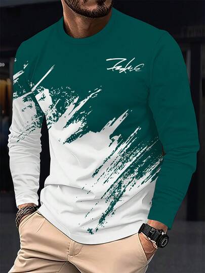 3D立体图案T恤 - 黑绿撞色休闲长袖T恤，适合户外活动，透气圆领，常规款可机洗，时尚设计，街头潮流，耐穿耐穿