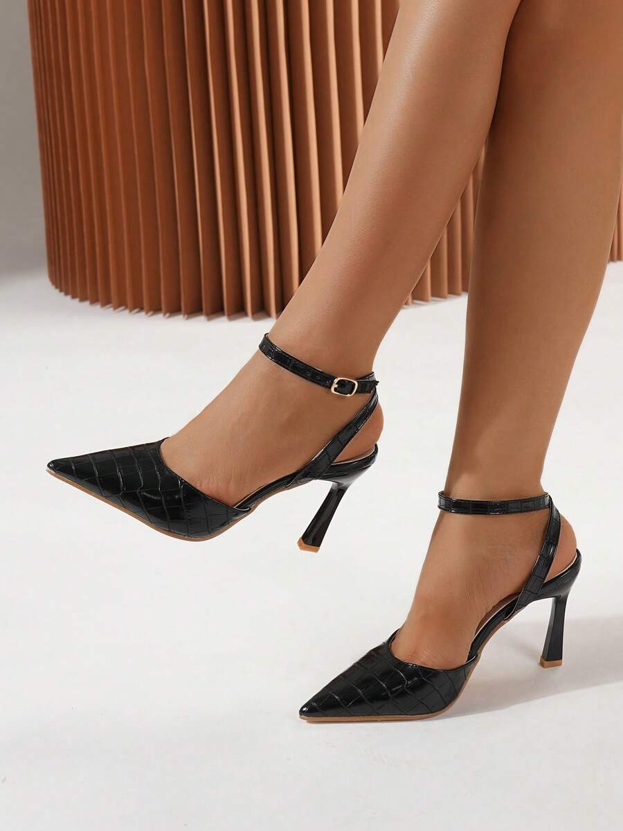 女士时尚欧美风黑色石纹复古高跟鞋，优雅尖头搭扣细高跟鞋