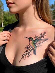 Minimalist Tattoo Stickers With Colorful Hummingbird Flower Patterns Realistic Style Temporary Fake Tattoo Stickers DIY Daily Party Holiday Gifts Suitable For Wrist, Shoulder, Neck, Clavicle, Ankle Waterproof Realistic Body Tattoo Stickers - Multicolor - View 1