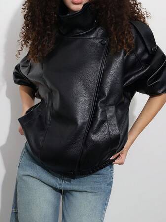 Women's Loose Faux Leather Casual Long Sleeve Stand Collar Jacket