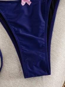 Women's Sexy Blue High Stretch Fabric Bikini Set With Pink Bow And White Beaded Bohemian Cute Comfortable Casual Party Beach Holiday Swimwear, 2 Pieces Set Vacation - Blue - View 5