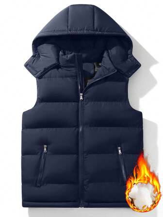 Erkekler İçin Düz Renkli Kolsuz Kapüşonlu Yelek, Kalın Sonbahar/Kış Günlük Açık Hava Yürüyüş Koşu Spor Ceketi