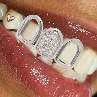 1件装金/银色时尚镂空三齿牙套，铜合金立方氧化锆牙套，适合嘻哈风格，男女通用配饰