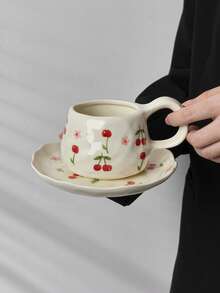 1set Cute Cherry Blossom Ceramic Coffee Cup & Saucer Set, Hand-Painted Glazed Mugs, Breakfast Milk Cup, Bread Plate, Office Water Cup, Latte Art Cup, Juice Beverage Cup, Couple Water Mug, Holiday Gift Cups, Christmas Gift