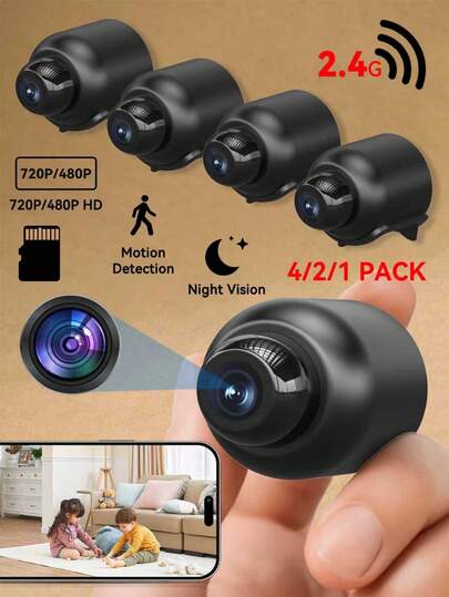 480P/720P Mini HD Home Monitoring Camera Evening Vision, Motion Alerts, Continuous Capture, Pack/2 Packs/4 Packs Compact Auto Indoor Zwart
