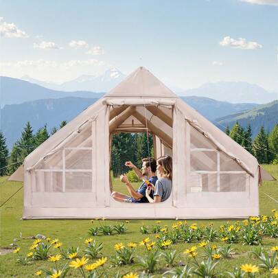 Inflatable Tents For Camping, 5-8 Person Easy Setup Blow Up Tent With Hand Pump, 300D Oxford Glamping Tent With Stove Jack 2 Doors & 4 Mesh Windows, Storage Bag Included For Easy Taking