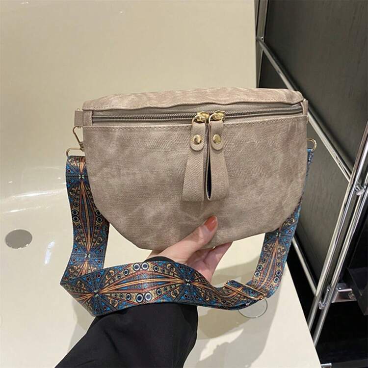 Bolso bandolera vintage para mujer con correa bordada ajustable, moderno bolso de hombro, práctico bolso de viaje diario. - Caqui - Añade 2
