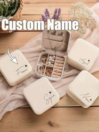 1pc Personalized Name Jewelry Box, Customized Beige Bridesmaid Jewelry Box, With Zipper Closure, Lined Fabric, With Compartments, Travel Jewelry Storage Box, Suitable For Bridesmaid Gifts, Birthday Gifts, Thanksgiving, Mother'S Day Gifts, Travel Jewelry Case, Jewelry Box Organizer,Festive Calendar