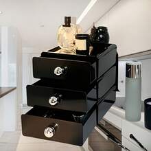 1个/2个装黑色塑料抽屉式收纳盒，带金属把手 - 适用于5种场景，轻巧内置柜式收纳架，可用于存放办公用品、化妆刷和浴室洗漱用品，便携紧凑设计，耐用塑料材质，节省空间的浴室收纳架，长方形PET材质办公用品和化妆品收纳盒 - 彩色 - 查看 3