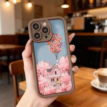Funda de telefono con borde negro y diseño de casa flotante con globos coloridos entre flores de cerezo en primavera para uso diario en cafeterias y espacios urbanos Aplicable a los teléfonos de la serie Apple y Galaxy - Negro - Ver 4