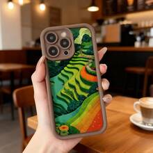 Cubierta de teléfono con borde negro diseño de campos en terrazas verdes y naranjas para uso diario en cafeterías y espacios interiores Aplicable a los teléfonos de la serie Apple y Galaxy - Blanco - Ver 4