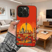 Cubierta de teléfono con diseño de ciudad al atardecer color rojo con torre y edificios históricos para uso diario en interiores Aplicable a teléfonos Apple y Galaxy. - Negro - Ver 1