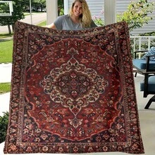 1pc Bohemian-Inspired Flannel Blanket - Vibrant Red & Golden Floral Pattern, Soft Polyester, Perfect For Indoor/Outdoor Use, Camping, Sofa, Bed, Office Decor, Seasonal Gift, All-Season Comfort, Camping Accessory |   Bohemian Style |   Durable High Quality Flannel Blanket, Give Your Loved Ones A Thoughtful Warmth - 混合色 - 查看 3