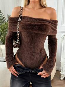 Winter Plush Warm Lapels Long Sleeve Knitted High Elastic Slim Ladies Bodysuit.