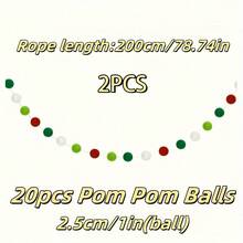 2 pièces Guirlande de boules Pom Pom de 2 mètres, Guirlande de Noël rouge, Décoration de sapin de Noël, Guirlande de boules de feutre de Noël pour la décoration de la maison, la classe, la cheminée, le mur, la fête, l'anniversaire. Décoration de Noël pour la maison, vert et blanc.