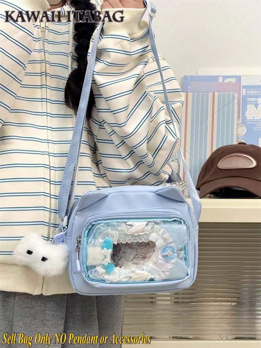 Kawaii Japanese Style Ita Bag Women Preppy Cute Lolita Clear Bag With Ears Transparent Ita Bag Small Crossbody Bags For Women Sling Bag Purses And Handabgs Nylon PVC Portable With Badges Display Plate Bag Good Nylon Bag Gift For Girls New Fashion 2025 Bags - 藍色 - 查看 1
