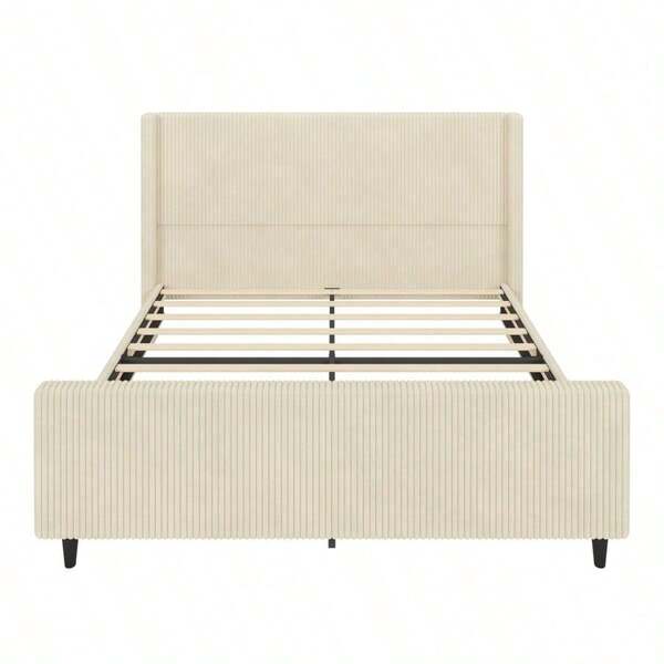 50.7'' High Headboard Corduroy Upholstered Bed Frame With Vertical Stripe Wingback And High Footboard No Box Spring Needed King Size Cream
