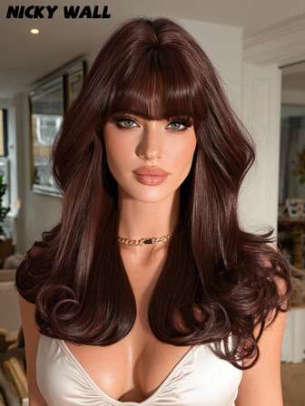 NICKY WALL Peluca ondulada de 20 pulgadas de color marrón chocolate para mujeres, peluca rizada elegante con flequillo natural completo, fibra sintética suave de alta calidad para uso diario, fiesta y festival, un regalo perfecto - Accesorios de peluca sin pegamento para principiantes