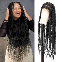 Square Knotless Butterfly Box Braided Wigs With Boho Curls For Women 36 Inches Full Double Lace Frontal Wig With Baby Hair Natural Parting Synthetic Braiding Wigs Daily Used